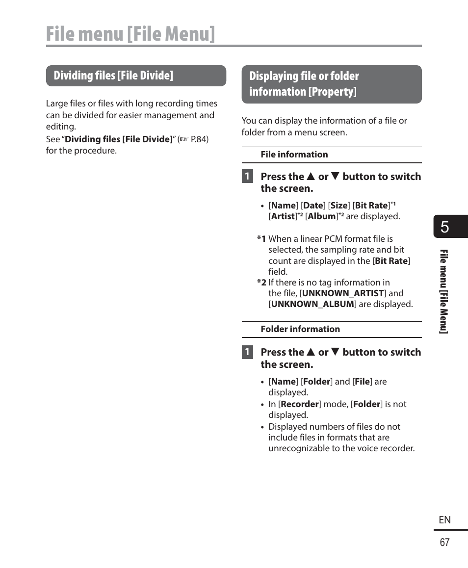 File menu [file menu, Dividing files [file divide, Displaying file or folder information [property | Olympus DM-901 User Manual | Page 67 / 133