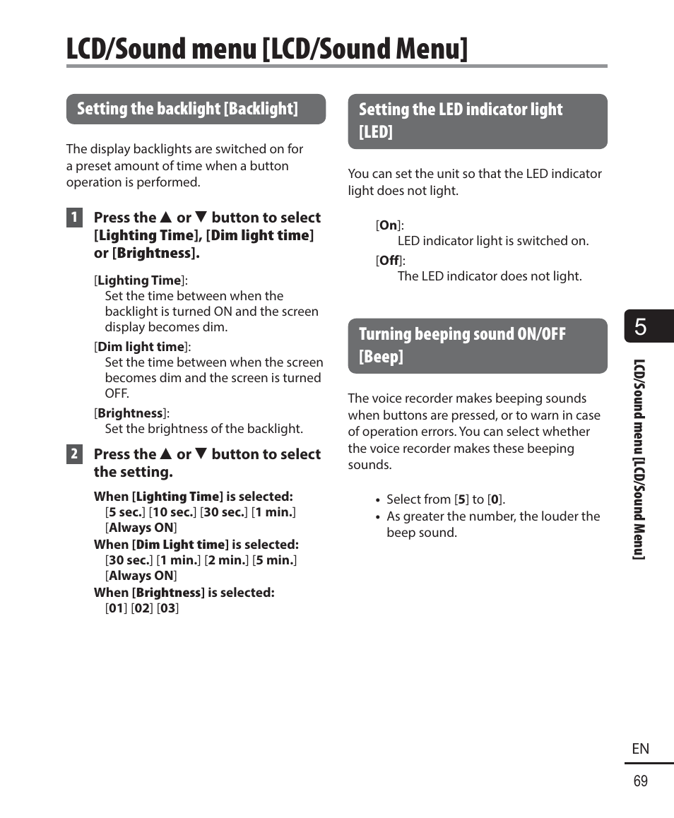 Lcd/sound menu [lcd/sound menu, Setting the backlight [backlight, Setting the led indicator light [led | Turning beeping sound on/off [beep | Olympus DM-901 User Manual | Page 69 / 133