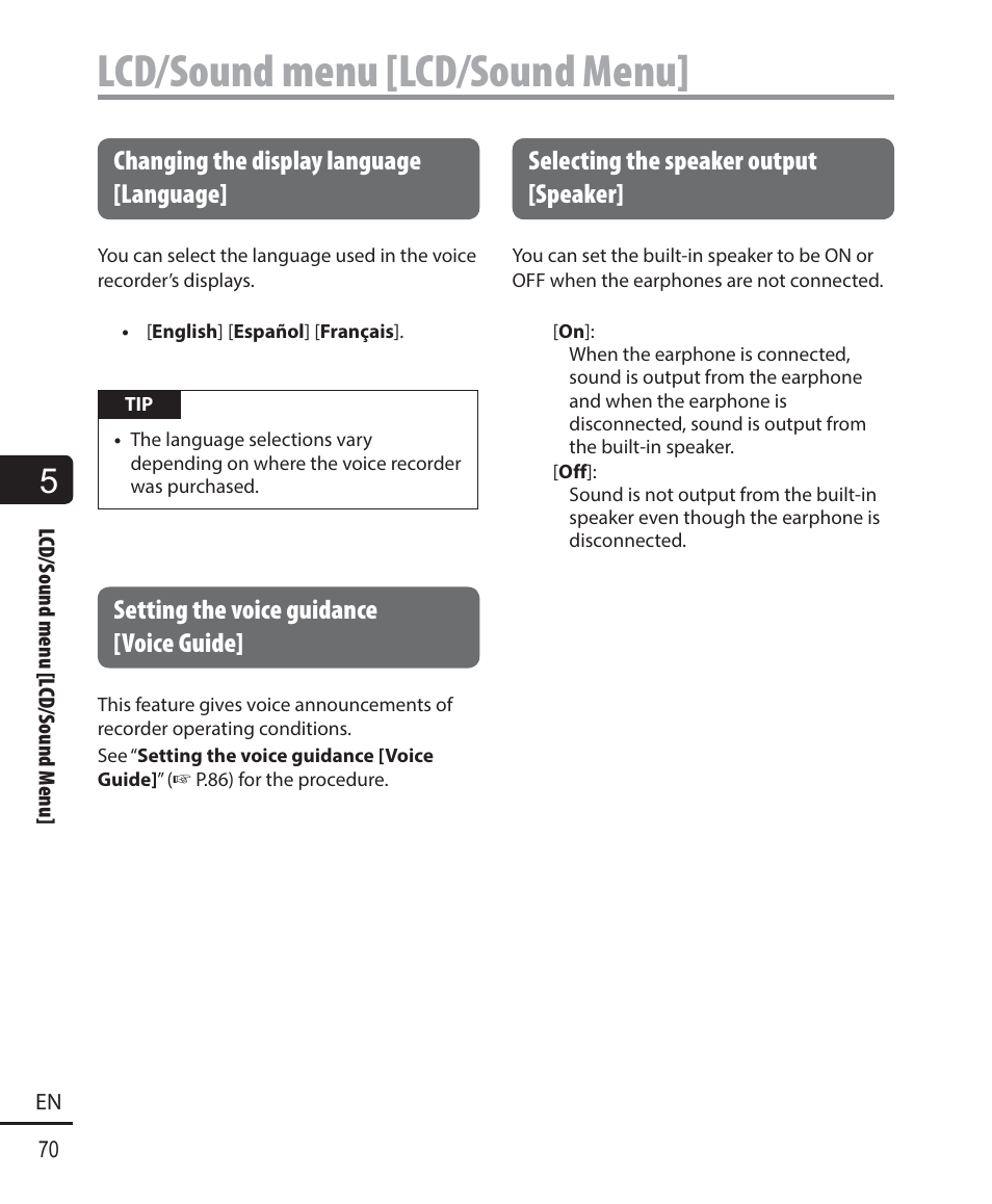Lcd/sound menu [lcd/sound menu, Changing the display language [language, Setting the voice guidance [voice guide | Selecting the speaker output [speaker | Olympus DM-901 User Manual | Page 70 / 133
