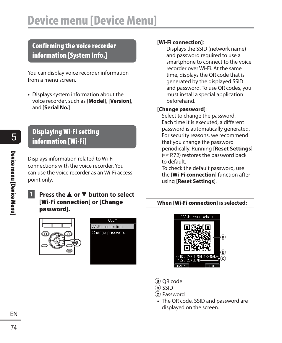 Device menu [device menu, Displaying wi-fi setting information [wi-fi | Olympus DM-901 User Manual | Page 74 / 133
