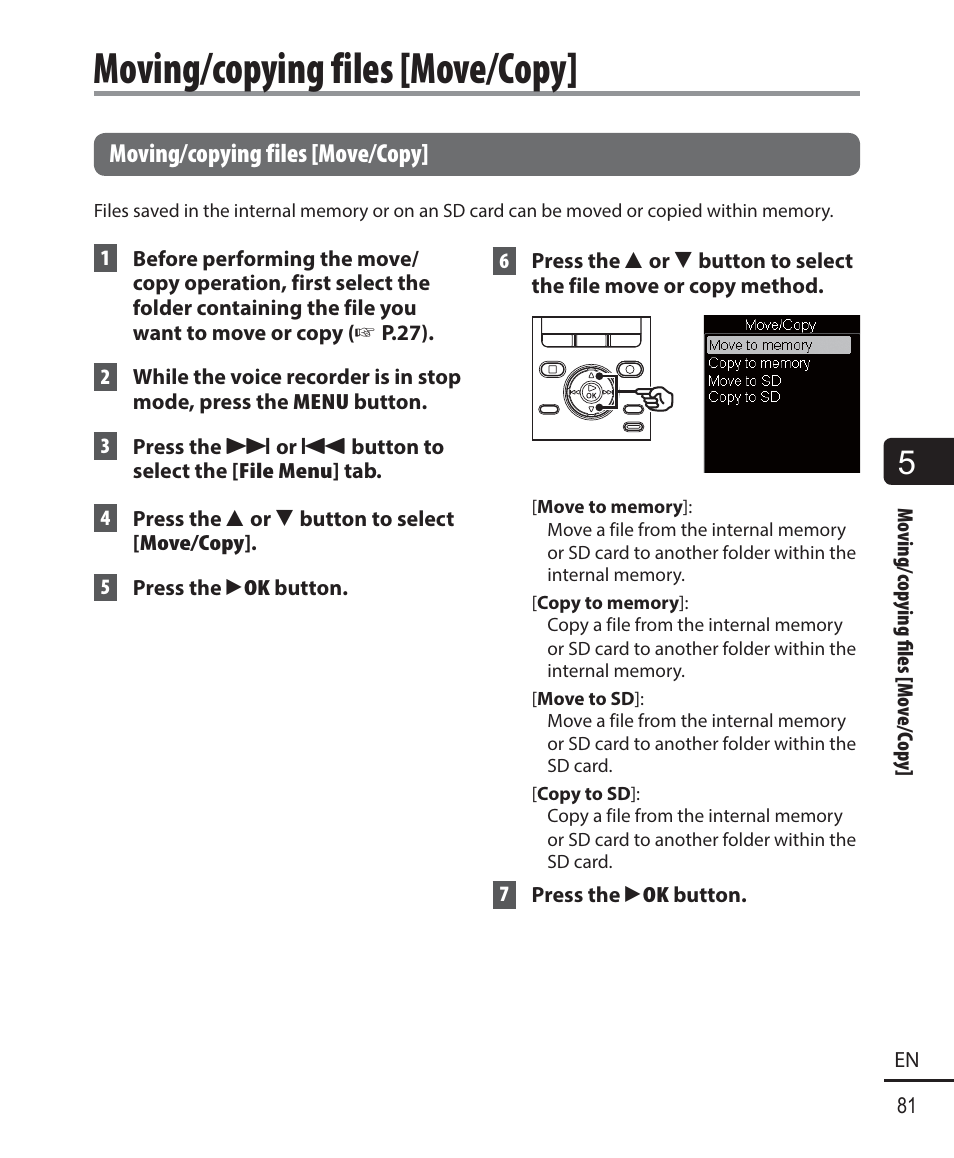 Moving/copying files [move/copy | Olympus DM-901 User Manual | Page 81 / 133