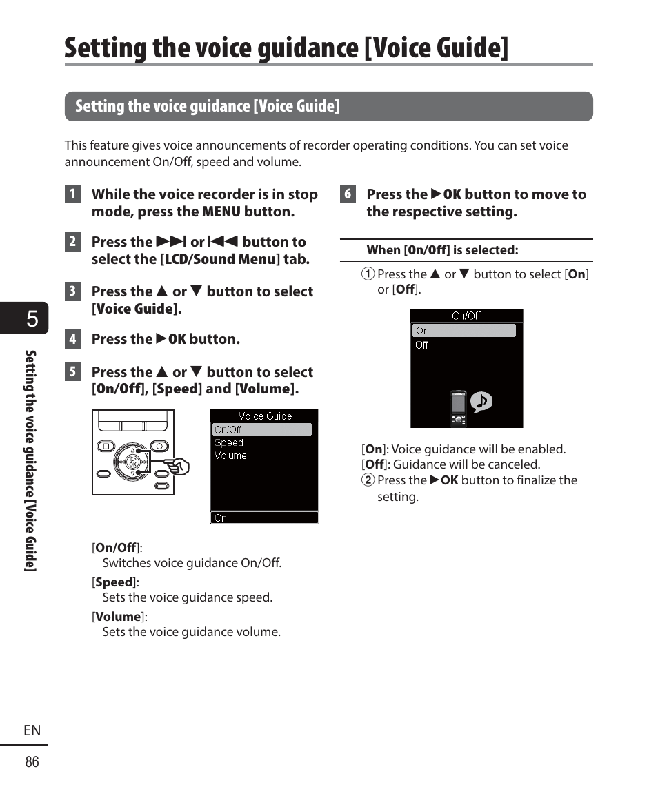 Setting the voice guidance [voice guide | Olympus DM-901 User Manual | Page 86 / 133