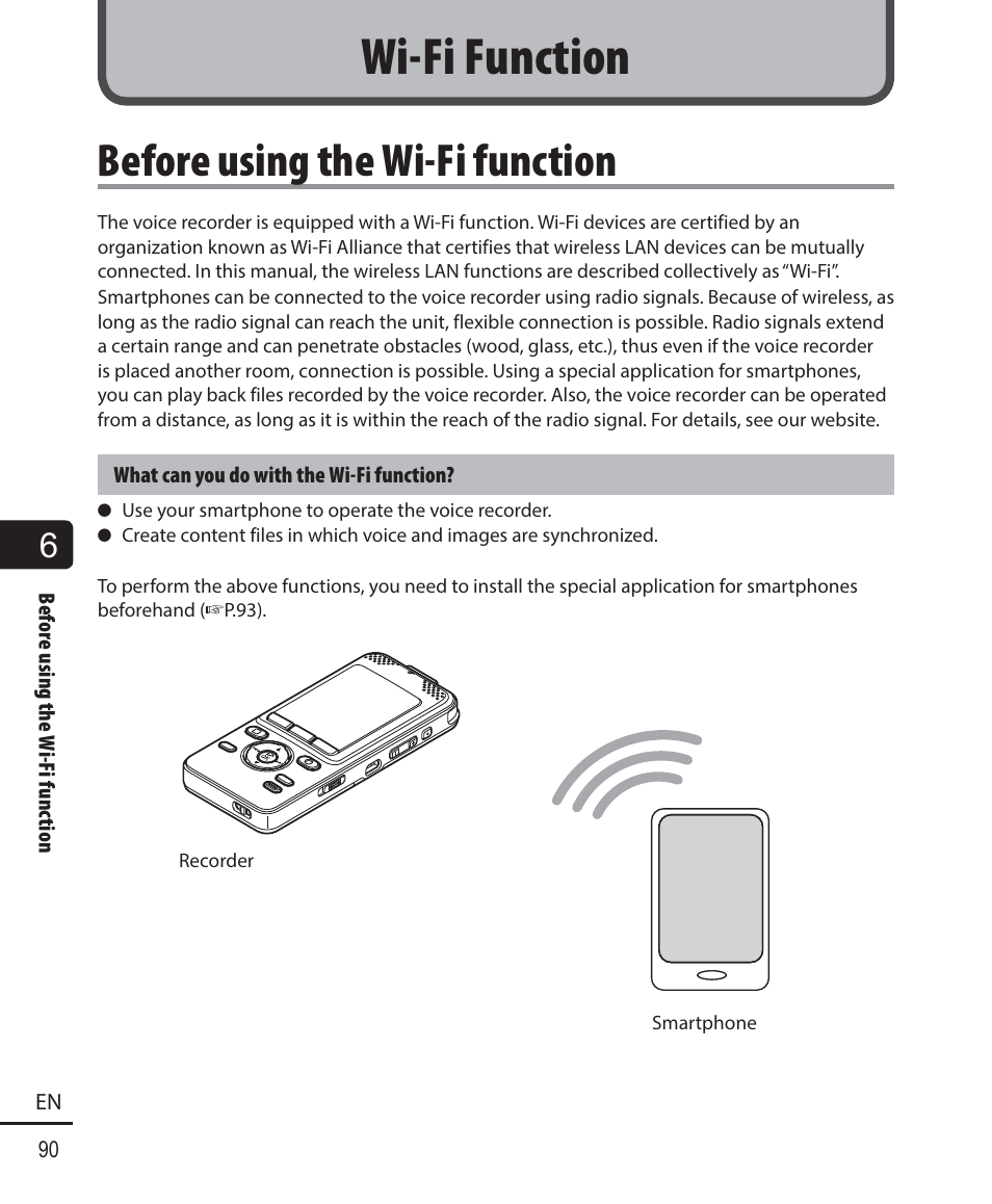 Wi-fi function, Before using the wi-fi function | Olympus DM-901 User Manual | Page 90 / 133