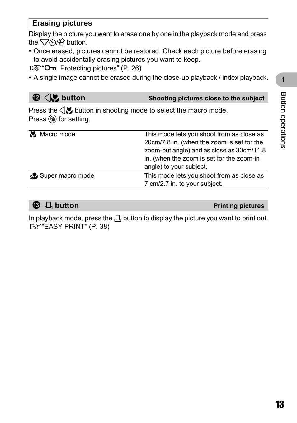 Erasing pictures, Shooting pictures close to the subject, Printing pictures | Olympus Stylus 720 SW User Manual | Page 13 / 83