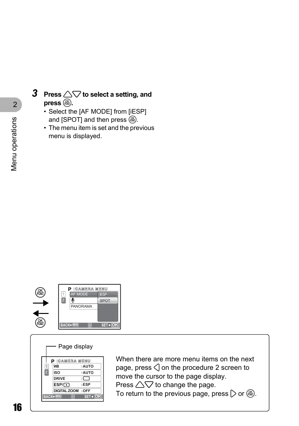 Menu o perat ion s 2, Press 12 to select a setting, and press o | Olympus Stylus 720 SW User Manual | Page 16 / 83