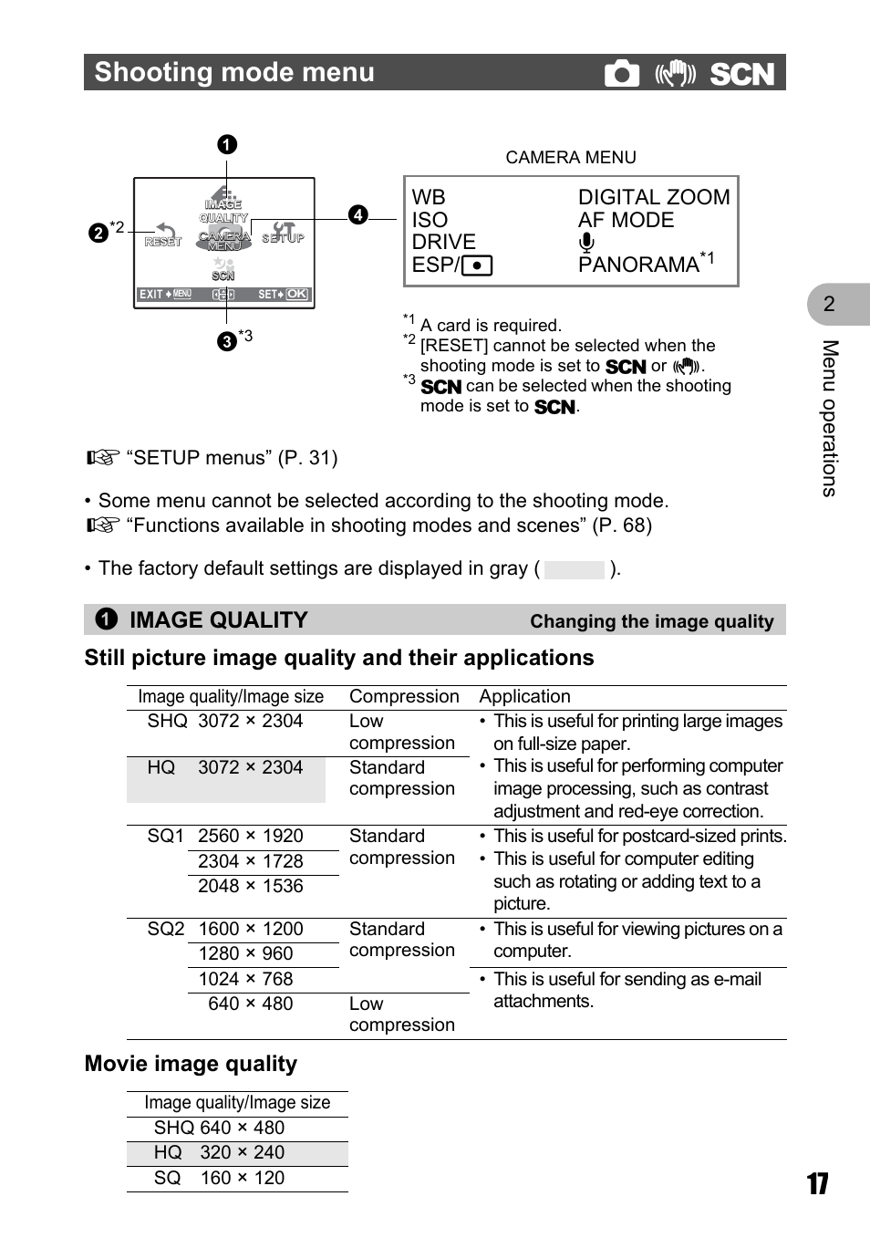 Shooting mode menu, Changing the image quality, Shooting mode menu k | 1image quality, Men u o perat io ns 2, Wb iso drive esp/n digital zoom af mode r panorama | Olympus Stylus 720 SW User Manual | Page 17 / 83