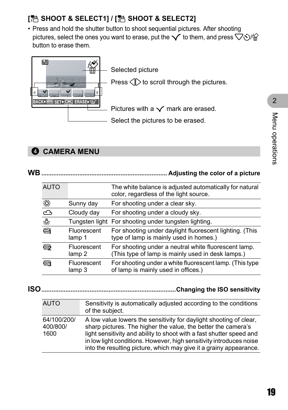 Camera menu, Adjusting the color of a picture, Changing the iso sensitivity | Wb adjusting the color of a picture” (p. 19), Iso changing the iso sensitivity” (p. 19), P. 19, 4camera menu wb | Olympus Stylus 720 SW User Manual | Page 19 / 83
