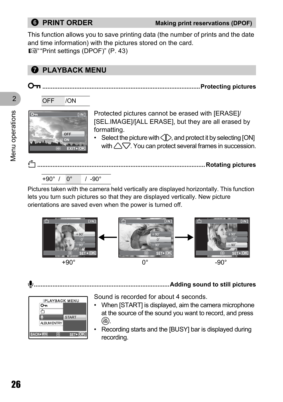 Making print reservations (dpof), Playback menu, Protecting pictures | Rotating pictures, Adding sound to still pictures, 6print order, 7playback menu 0, Menu o perat ion s 2 | Olympus Stylus 720 SW User Manual | Page 26 / 83