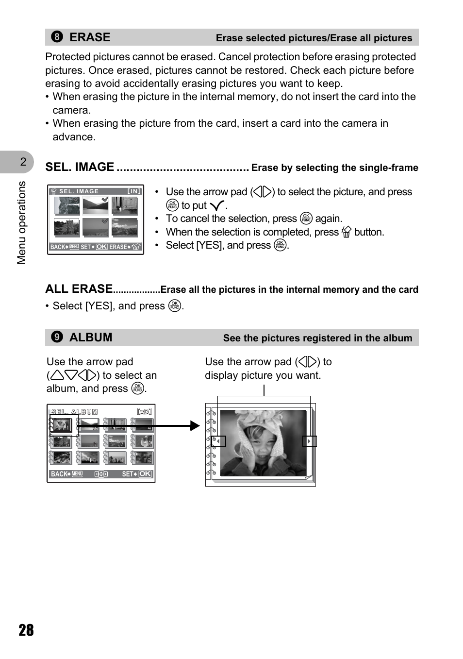 Erase selected pictures/erase all pictures, Erase by selecting the single-frame, See the pictures registered in the album | 8erase, Sel. image, All erase, 9album, Menu o perat ion s 2 | Olympus Stylus 720 SW User Manual | Page 28 / 83