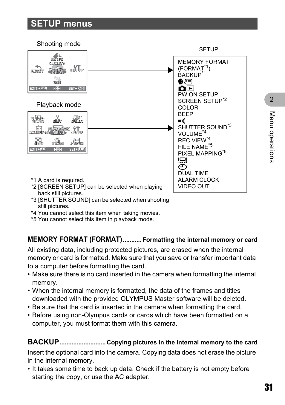 Setup menus, Formatting the internal memory or card, Setup menus” (p. 31) | Backup, Men u o perat io ns 2, Playback mode shooting mode, W k q pw on setup screen setup, Color beep 8 shutter sound, Volume, Rec view | Olympus Stylus 720 SW User Manual | Page 31 / 83