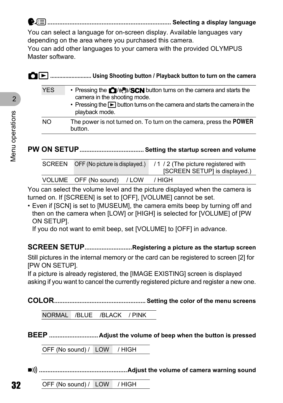 Selecting a display language, Setting the startup screen and volume, Registering a picture as the startup screen | Setting the color of the menu screens, Adjust the volume of camera warning sound, P. 32) | Olympus Stylus 720 SW User Manual | Page 32 / 83