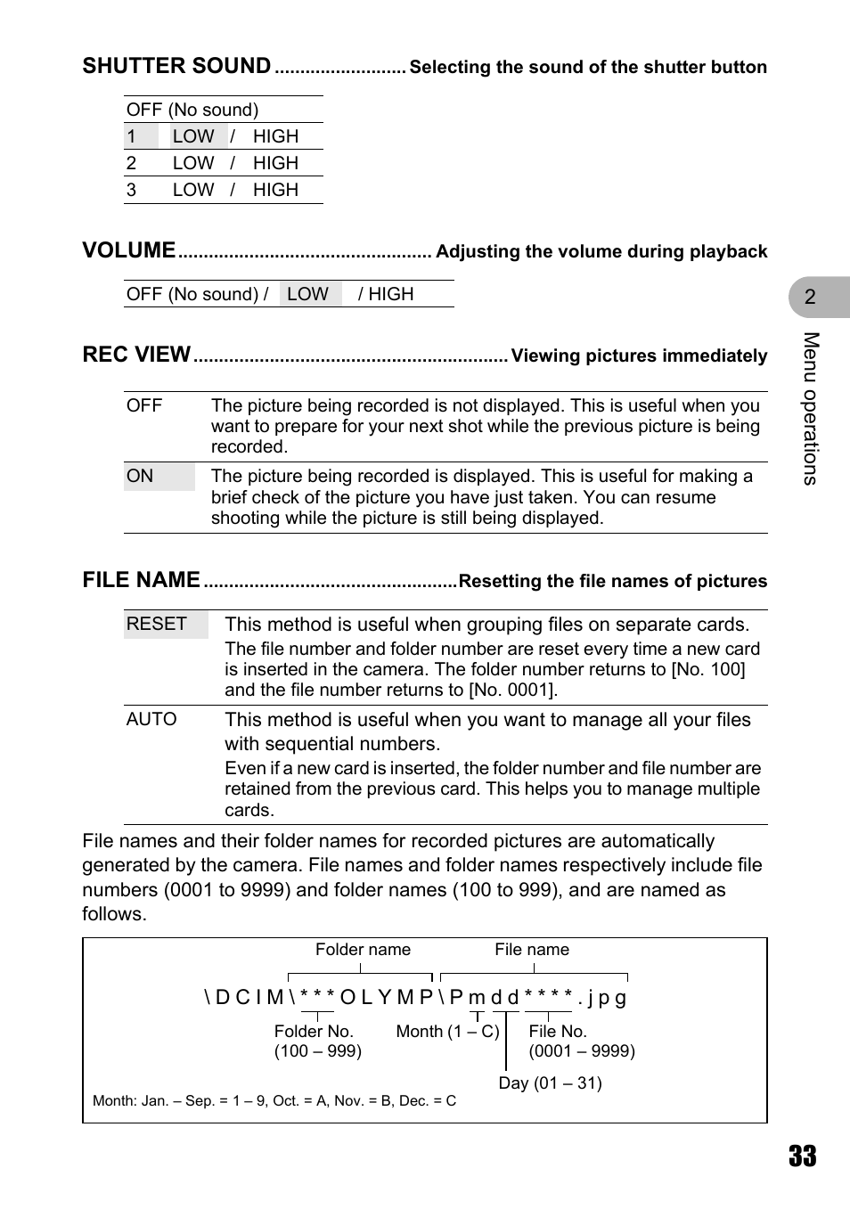 Selecting the sound of the shutter button, Adjusting the volume during playback, Viewing pictures immediately | Resetting the file names of pictures | Olympus Stylus 720 SW User Manual | Page 33 / 83