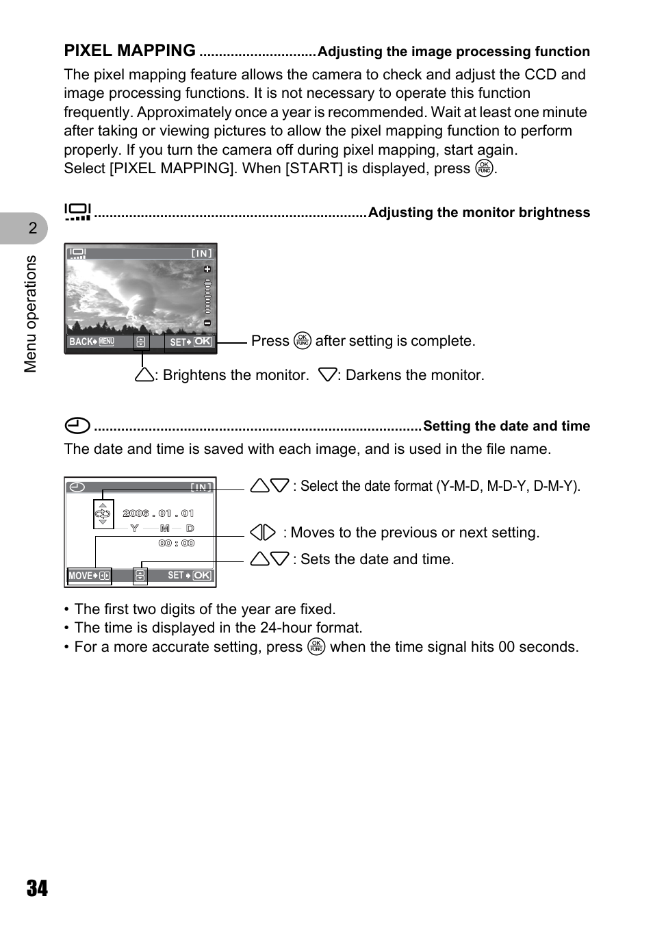Adjusting the image processing function, Adjusting the monitor brightness, Setting the date and time | Pixel mapping, Menu o perat ion s 2 | Olympus Stylus 720 SW User Manual | Page 34 / 83