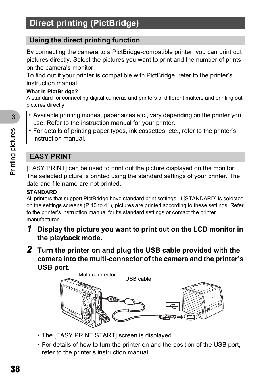 Direct printing (pictbridge), Using the direct printing function, Easy print | Olympus Stylus 720 SW User Manual | Page 38 / 83
