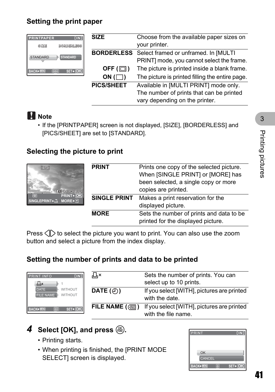 Select [ok], and press o, Pri nti ng pi ct ures 3 | Olympus Stylus 720 SW User Manual | Page 41 / 83