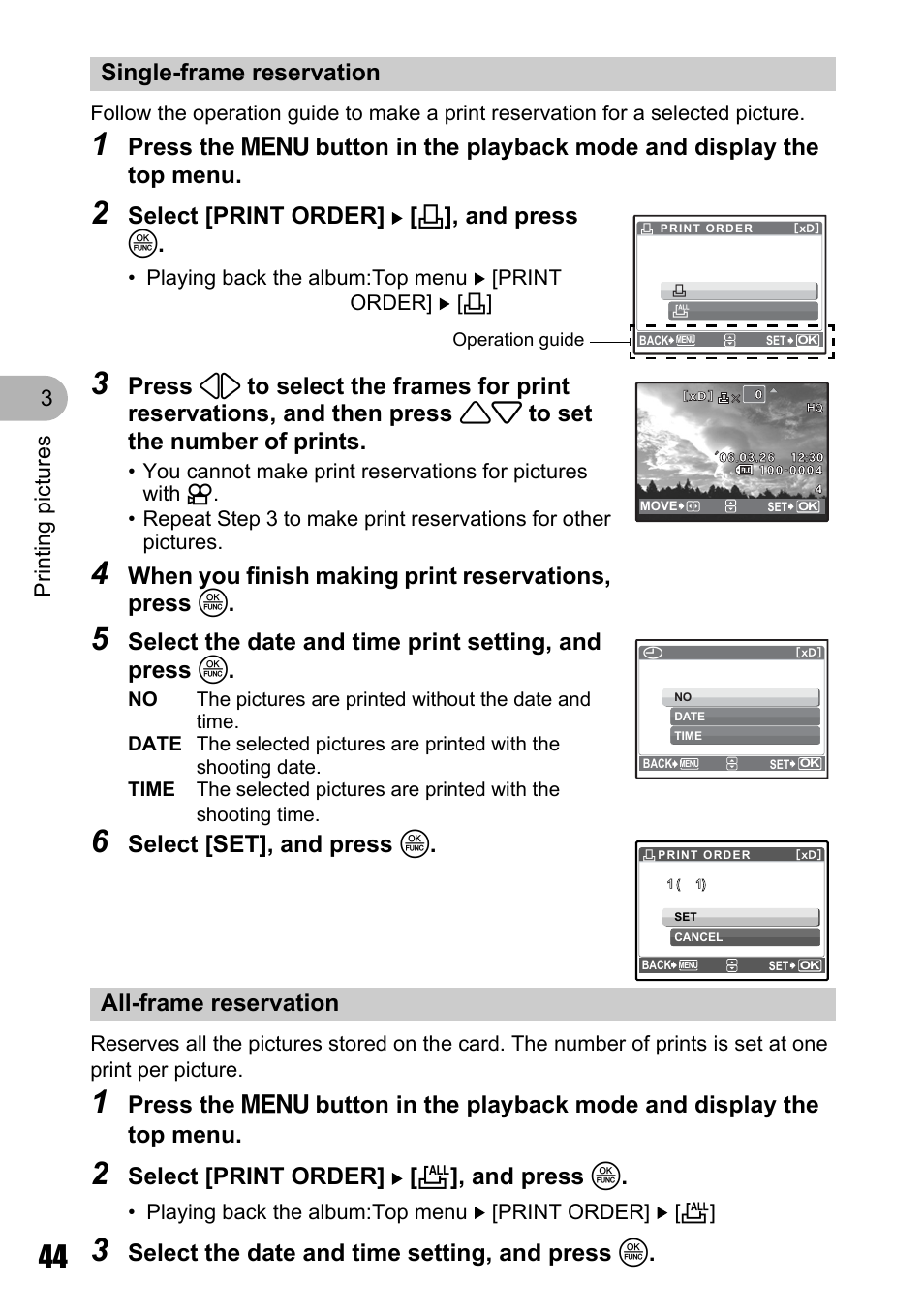 Single-frame reservation, All-frame reservation, Select [print order] [ < ], and press o | When you finish making print reservations, press o, Select [set], and press o, Select [print order] [ u ], and press o, Pri nt ing p ict ures 3 | Olympus Stylus 720 SW User Manual | Page 44 / 83