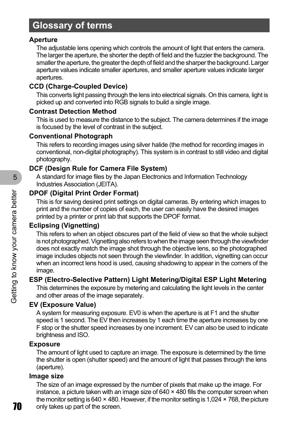 Glossary of terms | Olympus Stylus 720 SW User Manual | Page 70 / 83