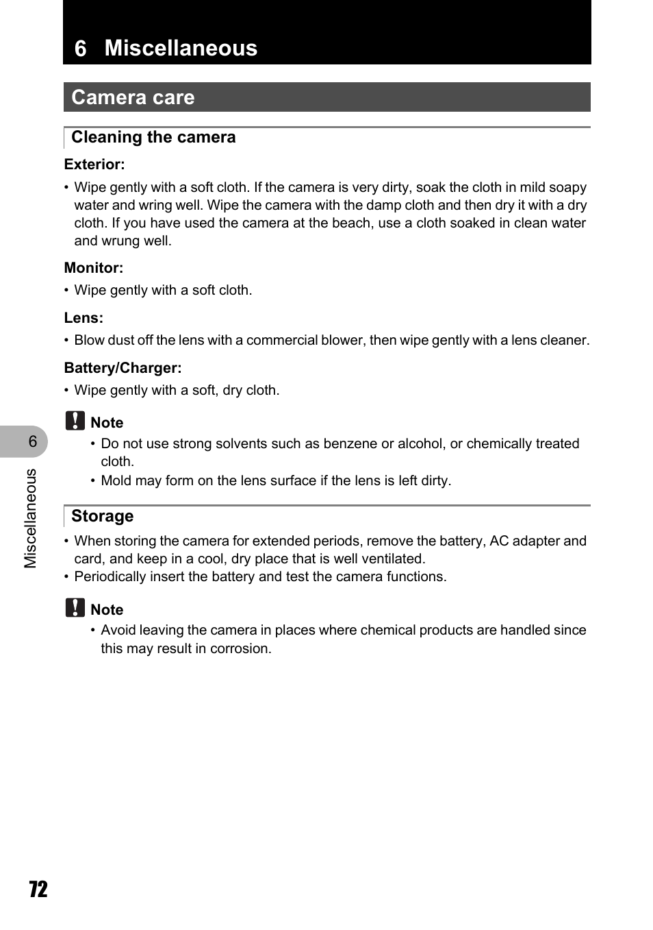 Miscellaneous, Camera care, 6 miscellaneous | Olympus Stylus 720 SW User Manual | Page 72 / 83