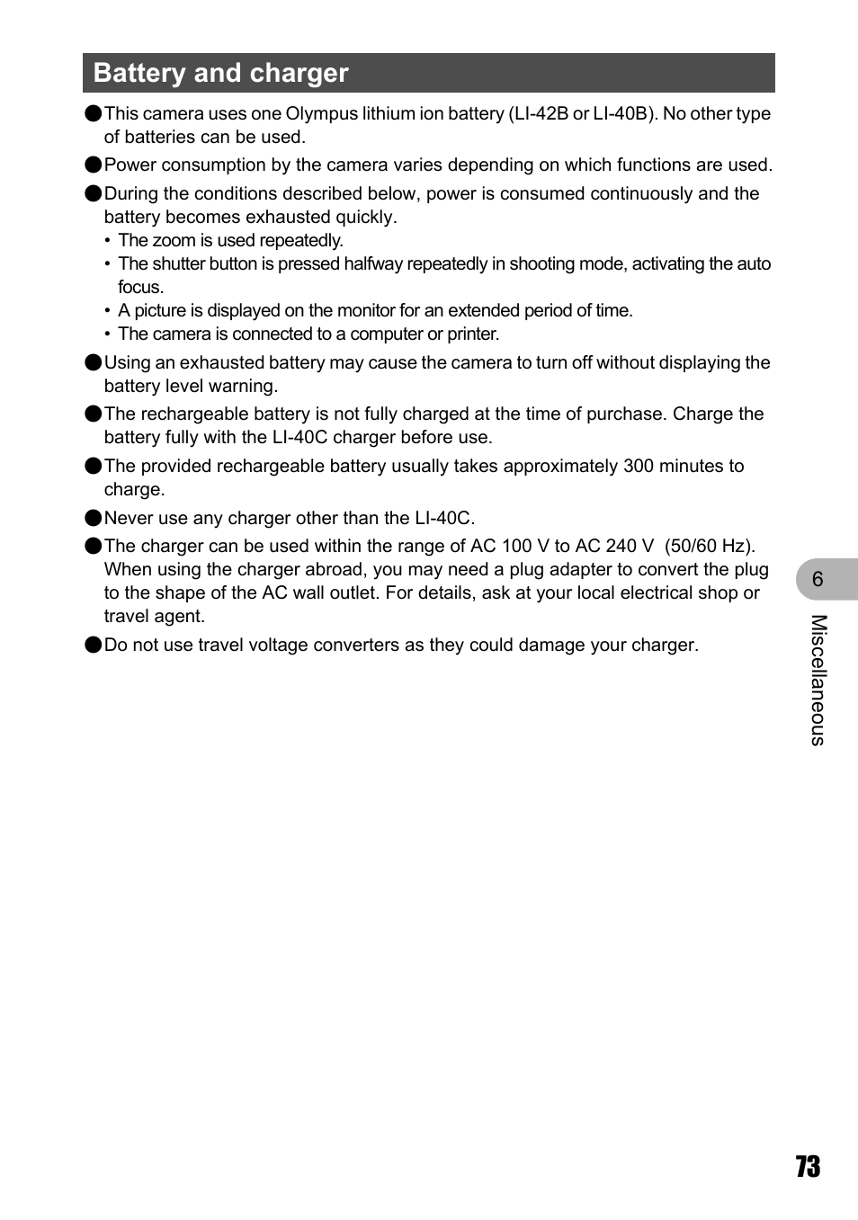 Battery and charger | Olympus Stylus 720 SW User Manual | Page 73 / 83