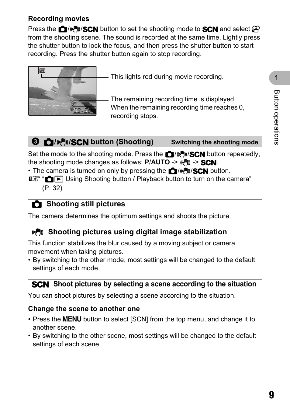 Switching the shooting mode, Shooting still pictures | Olympus Stylus 720 SW User Manual | Page 9 / 83