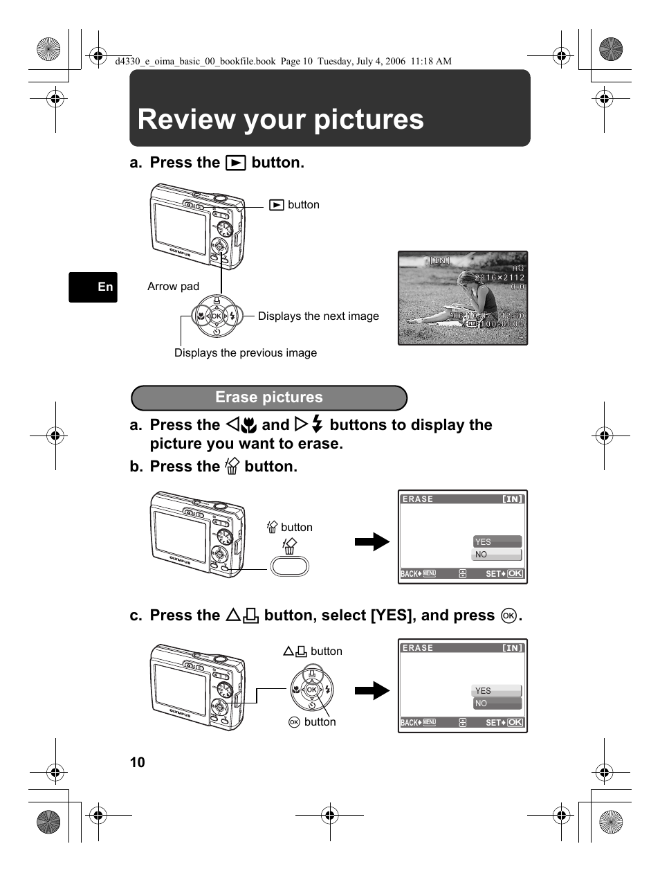 Review your pictures, Erase pictures | Olympus FE-180 User Manual | Page 10 / 108