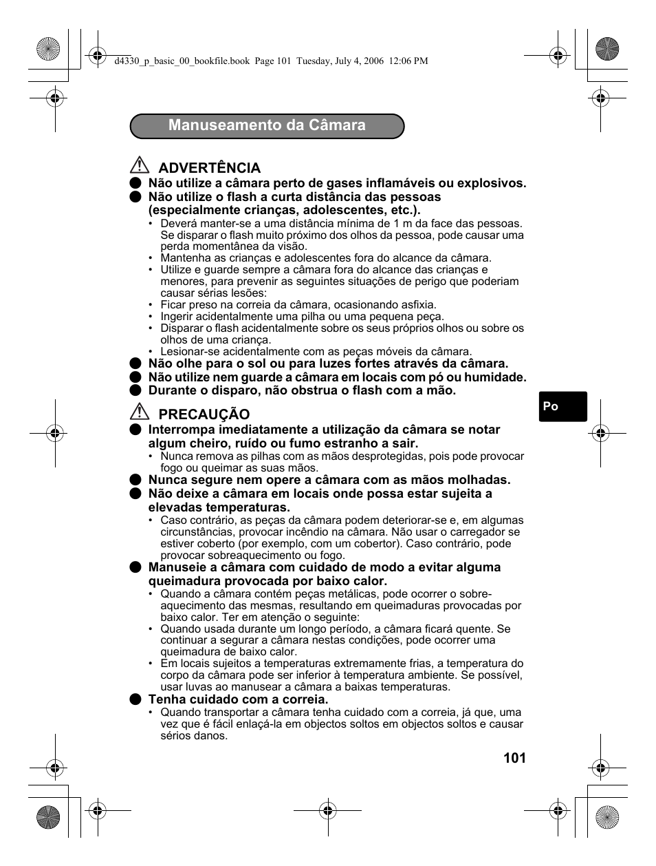Manuseamento da câmara | Olympus FE-180 User Manual | Page 101 / 108