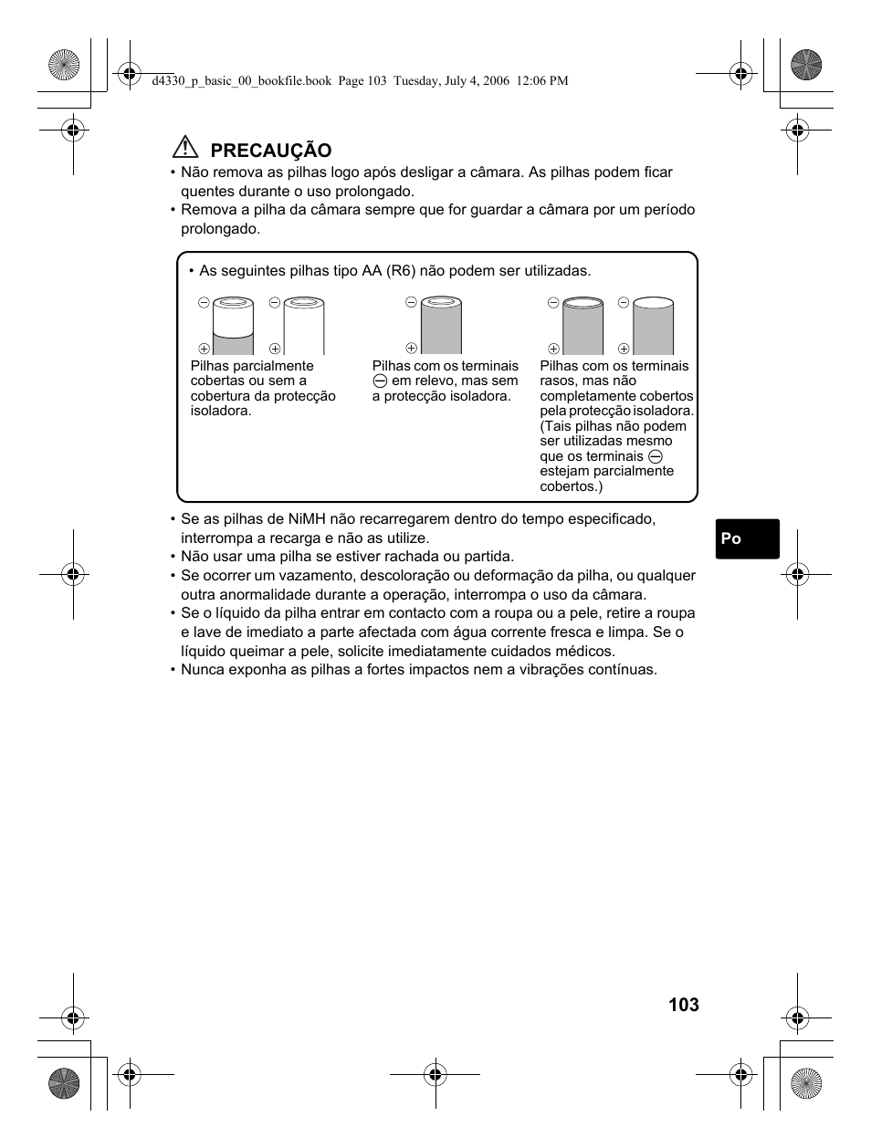 Precaução | Olympus FE-180 User Manual | Page 103 / 108
