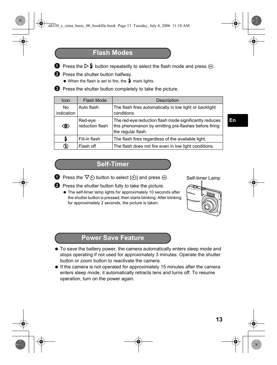 Flash modes self-timer, Power save feature | Olympus FE-180 User Manual | Page 13 / 108