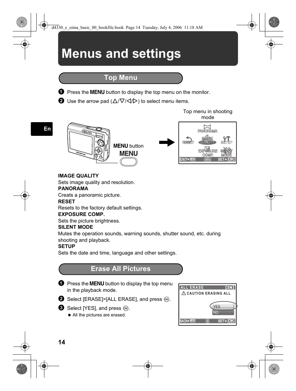 Menus and settings, Top menu, Erase all pictures | Olympus FE-180 User Manual | Page 14 / 108