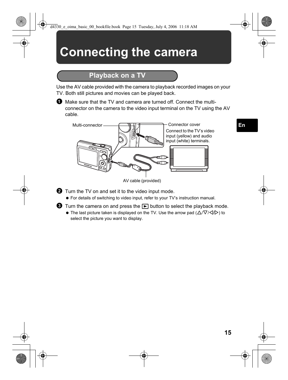 Connecting the camera, Playback on a tv | Olympus FE-180 User Manual | Page 15 / 108