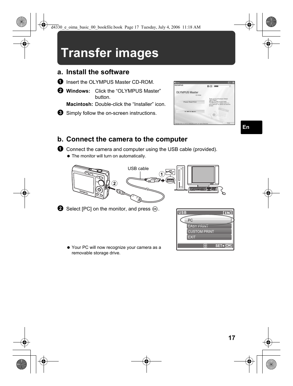 Transfer images, A. install the software, B. connect the camera to the computer | Olympus FE-180 User Manual | Page 17 / 108