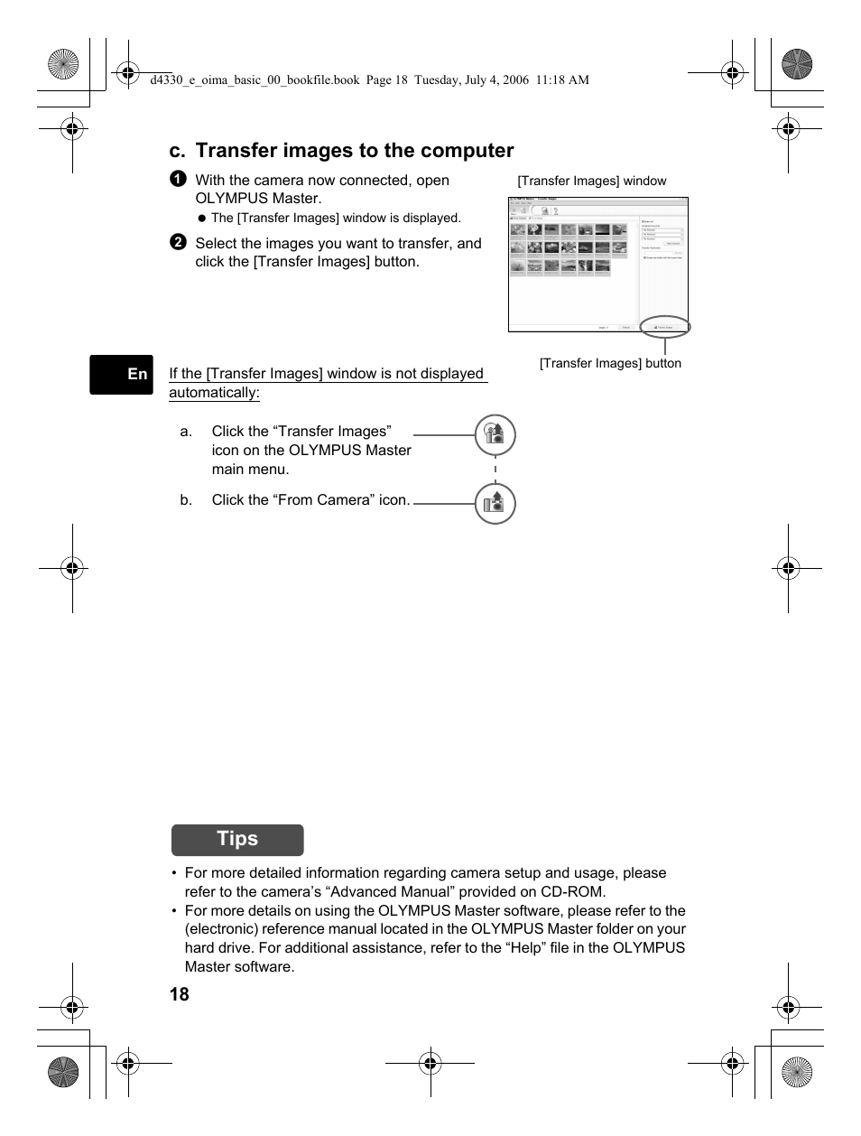 C. transfer images to the computer, Tips | Olympus FE-180 User Manual | Page 18 / 108