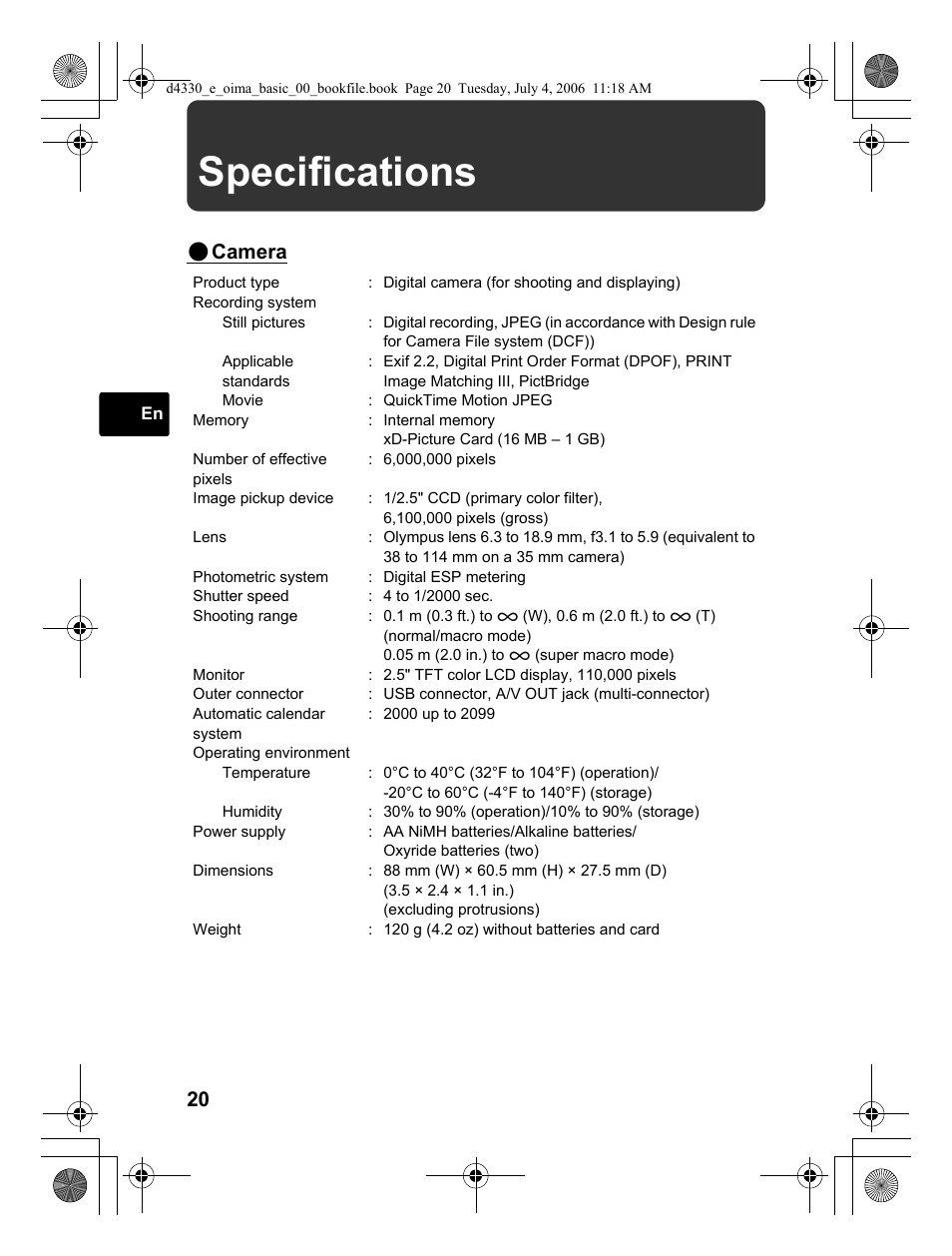 Specifications, Camera | Olympus FE-180 User Manual | Page 20 / 108