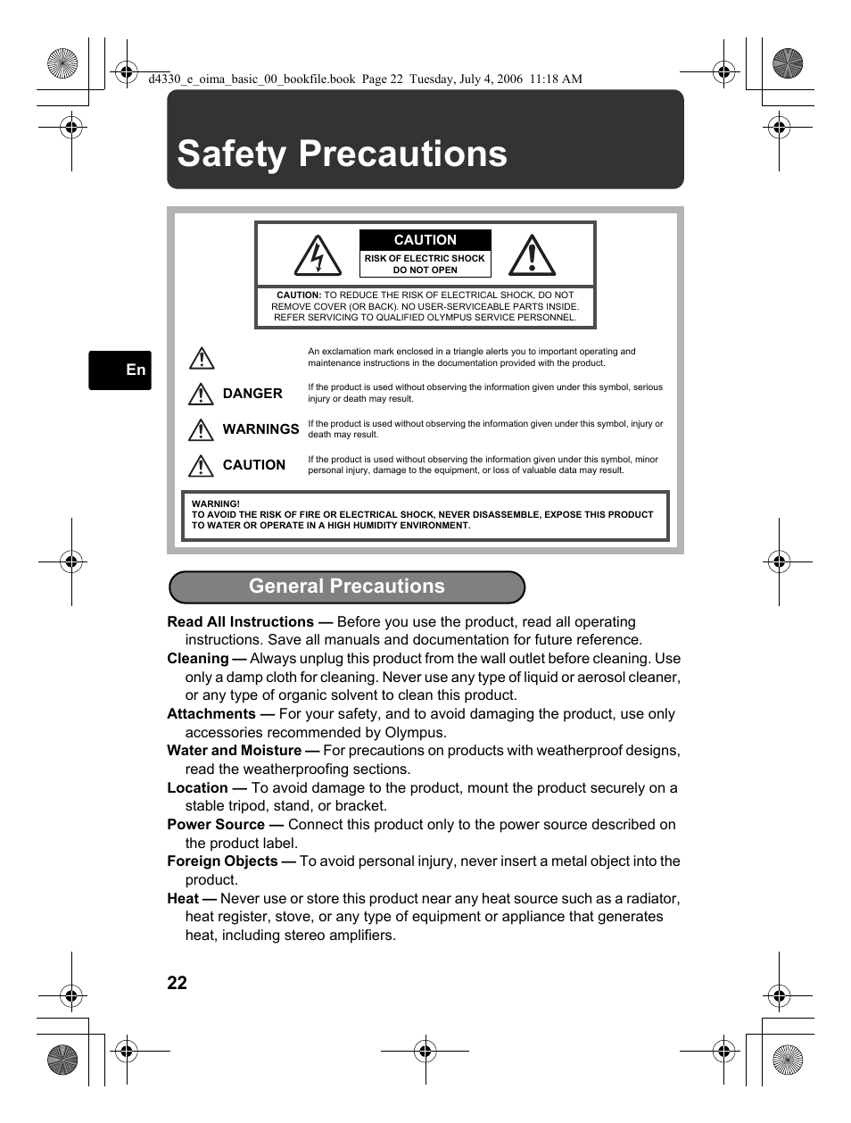 Safety precautions, General precautions | Olympus FE-180 User Manual | Page 22 / 108