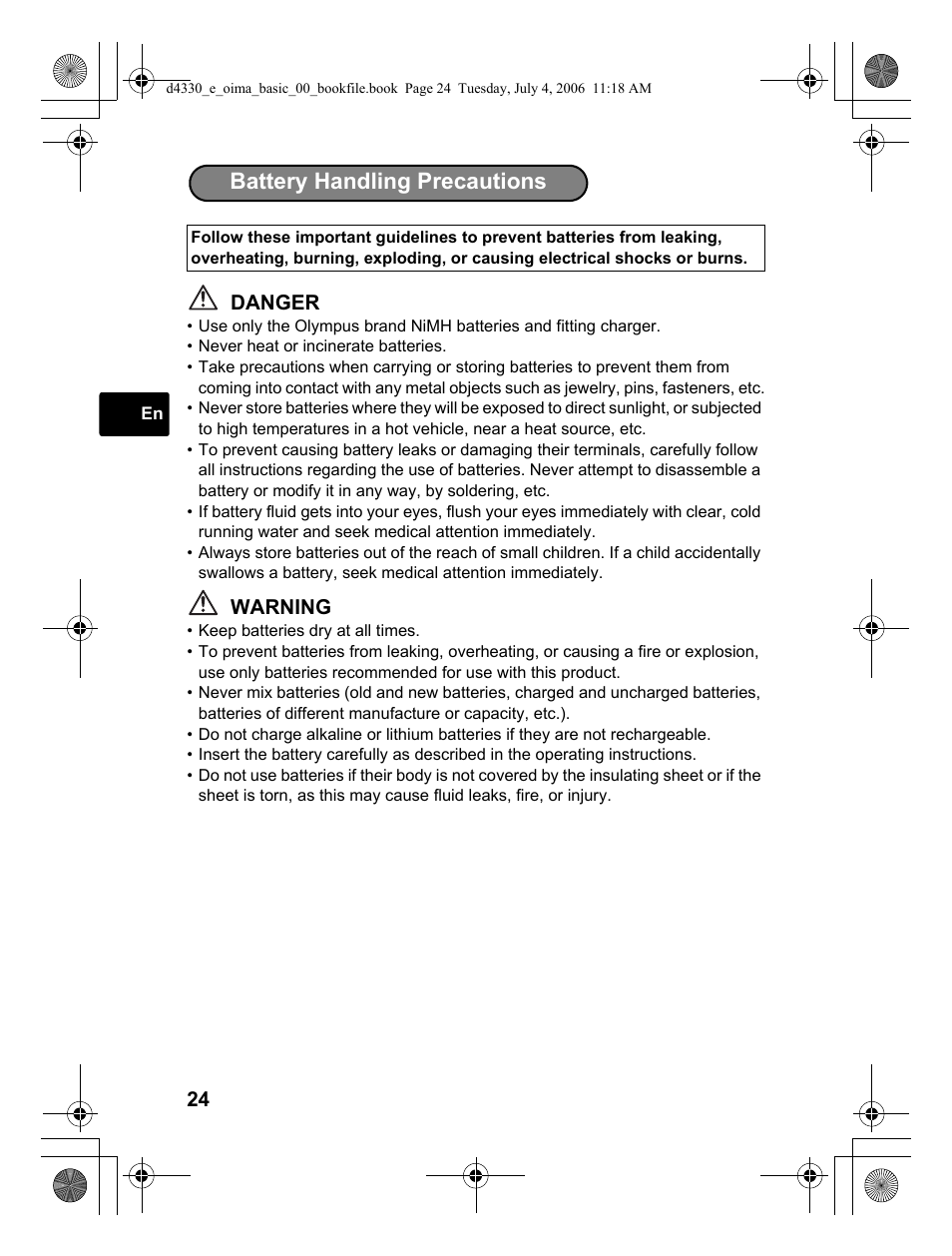 Battery handling precautions | Olympus FE-180 User Manual | Page 24 / 108