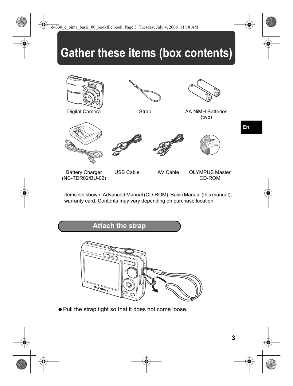 Gather these items (box contents), Attach the strap | Olympus FE-180 User Manual | Page 3 / 108