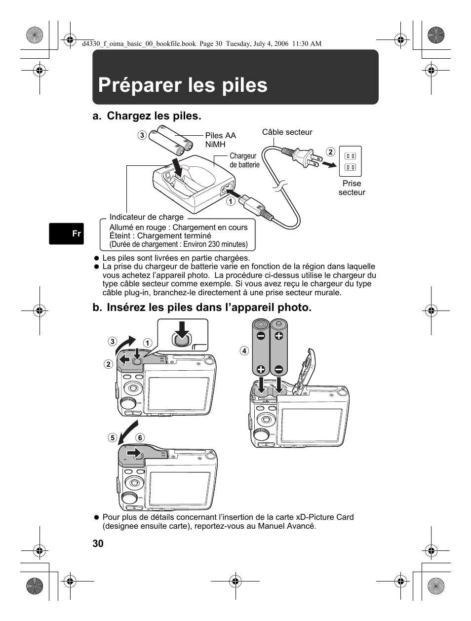 Préparer les piles, A. chargez les piles, B. insérez les piles dans l’appareil photo | Olympus FE-180 User Manual | Page 30 / 108