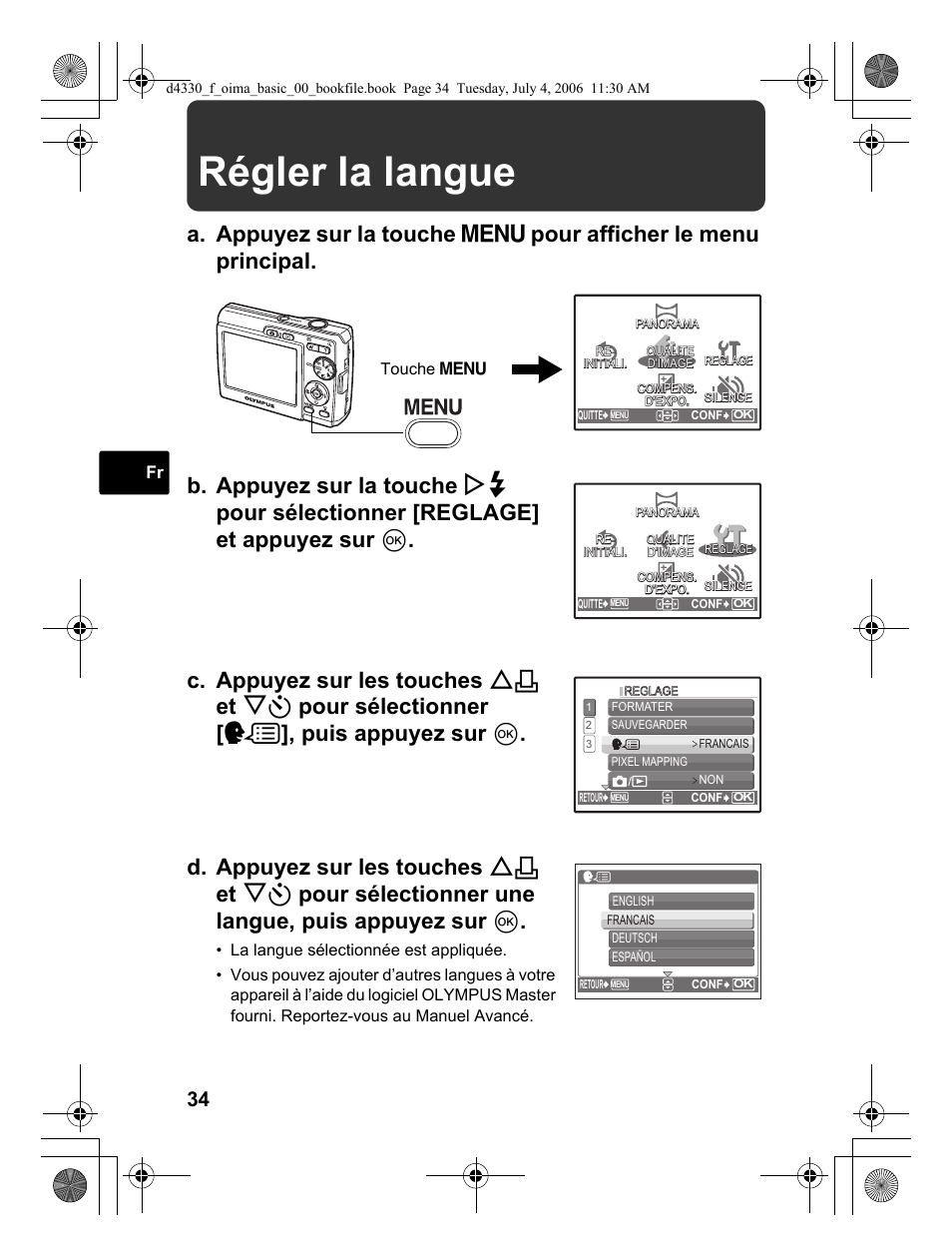 Régler la langue | Olympus FE-180 User Manual | Page 34 / 108