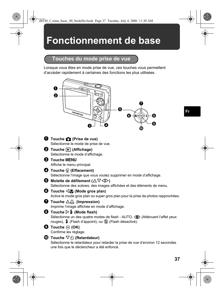 Fonctionnement de base, Touches du mode prise de vue | Olympus FE-180 User Manual | Page 37 / 108