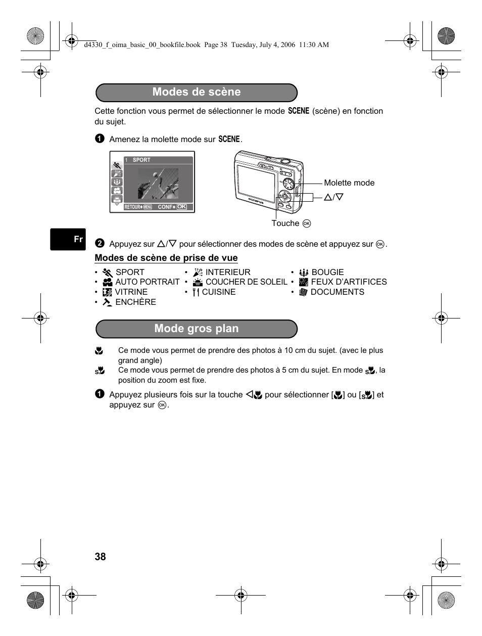 Modes de scène, Mode gros plan | Olympus FE-180 User Manual | Page 38 / 108