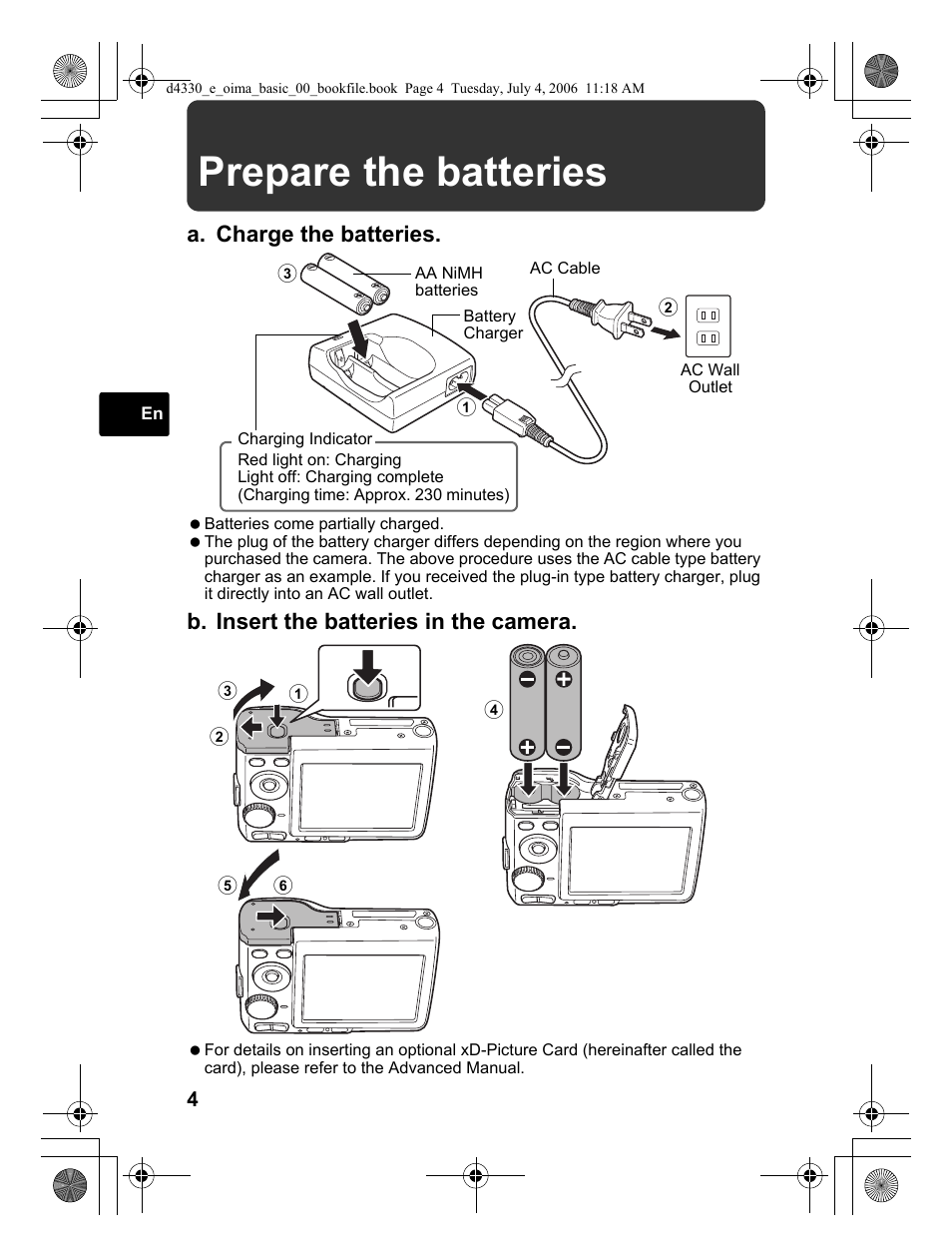 Prepare the batteries, A. charge the batteries, B. insert the batteries in the camera | Olympus FE-180 User Manual | Page 4 / 108