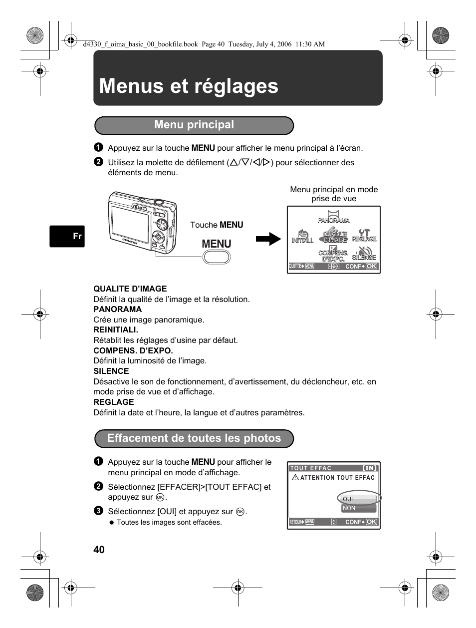 Menus et réglages, Menu principal, Effacement de toutes les photos | Olympus FE-180 User Manual | Page 40 / 108