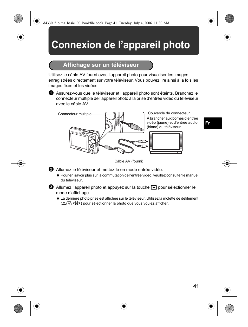 Connexion de l’appareil photo, Affichage sur un téléviseur | Olympus FE-180 User Manual | Page 41 / 108