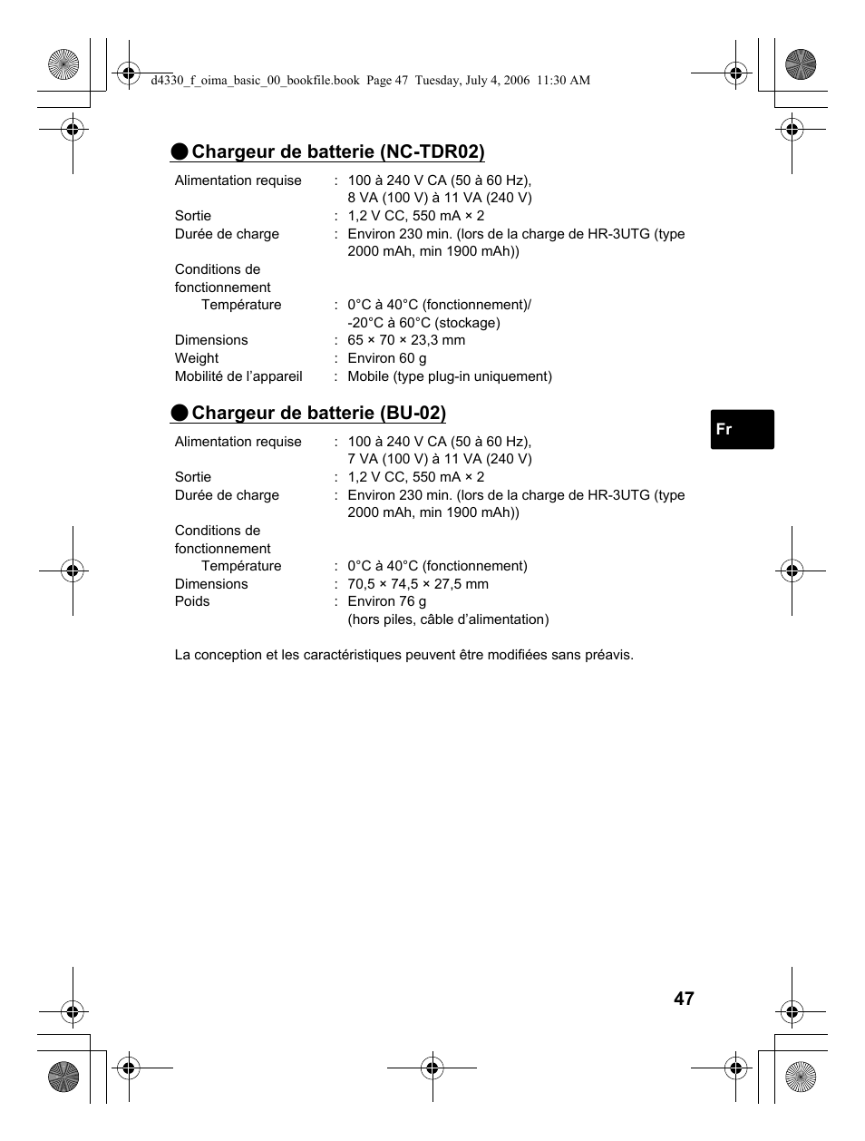 Chargeur de batterie (nc-tdr02), Chargeur de batterie (bu-02) | Olympus FE-180 User Manual | Page 47 / 108