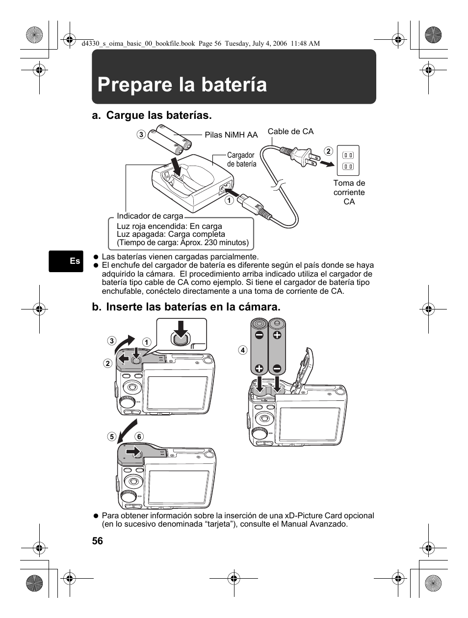 Prepare la batería, A. cargue las baterías, B. inserte las baterías en la cámara | Olympus FE-180 User Manual | Page 56 / 108