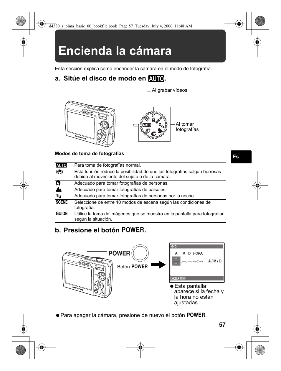 Encienda la cámara, A. sitúe el disco de modo en h, B. presione el botón o | Olympus FE-180 User Manual | Page 57 / 108