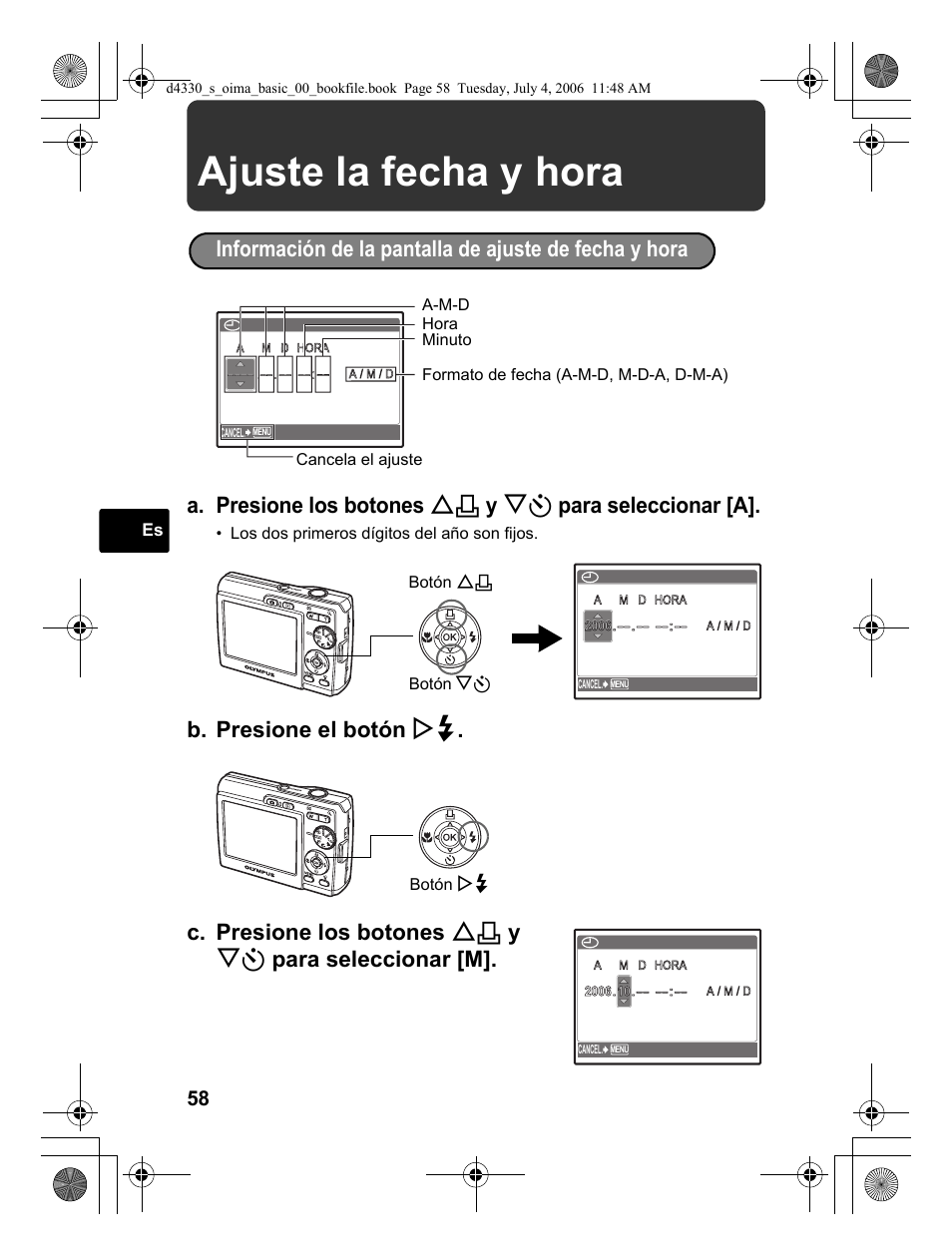 Ajuste la fecha y hora | Olympus FE-180 User Manual | Page 58 / 108