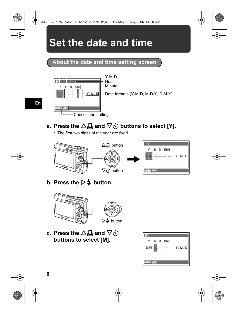 Set the date and time, A. press the o < and ny buttons to select [y | Olympus FE-180 User Manual | Page 6 / 108