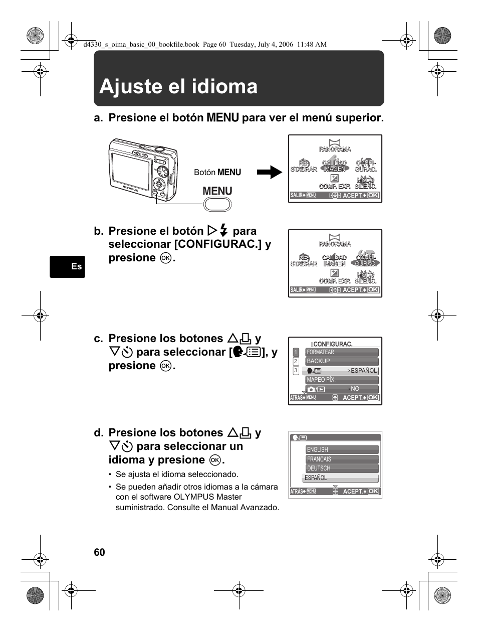 Ajuste el idioma | Olympus FE-180 User Manual | Page 60 / 108