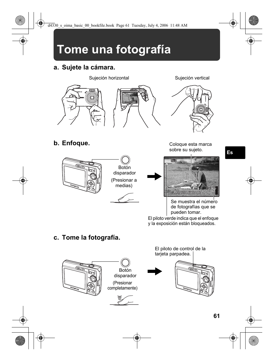 Tome una fotografía, A. sujete la cámara. c. tome la fotografía, B. enfoque | Olympus FE-180 User Manual | Page 61 / 108